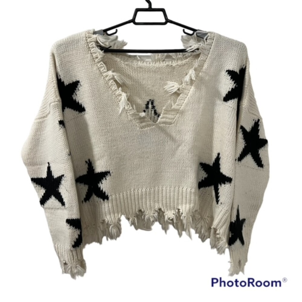 Storia Womens Ivory Knit Star Patched Cropped Sweater Fringed Hem Size Large